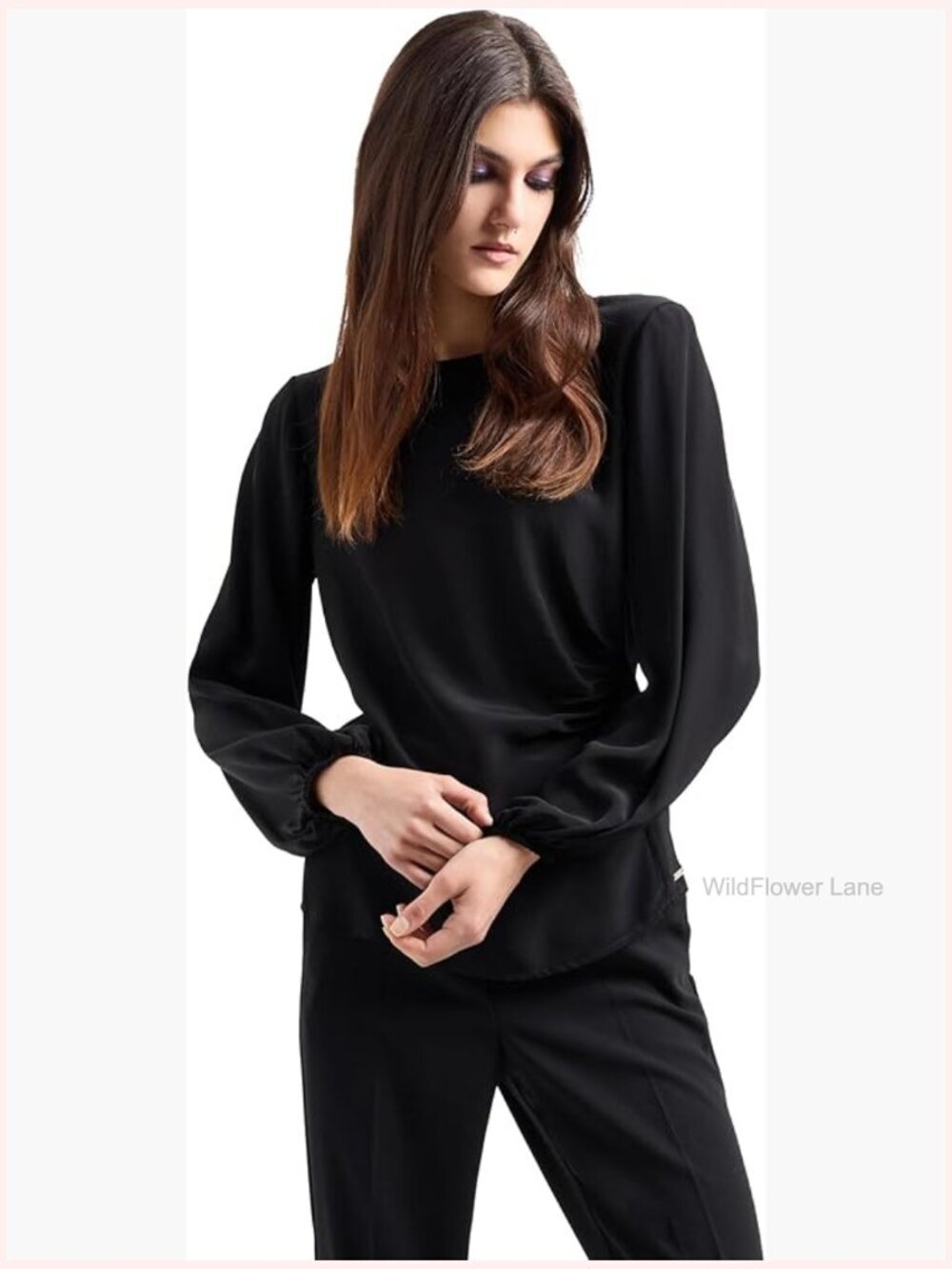 Long Sleeve Viscose Crepe Bodysuit - Crew Neck, Solid